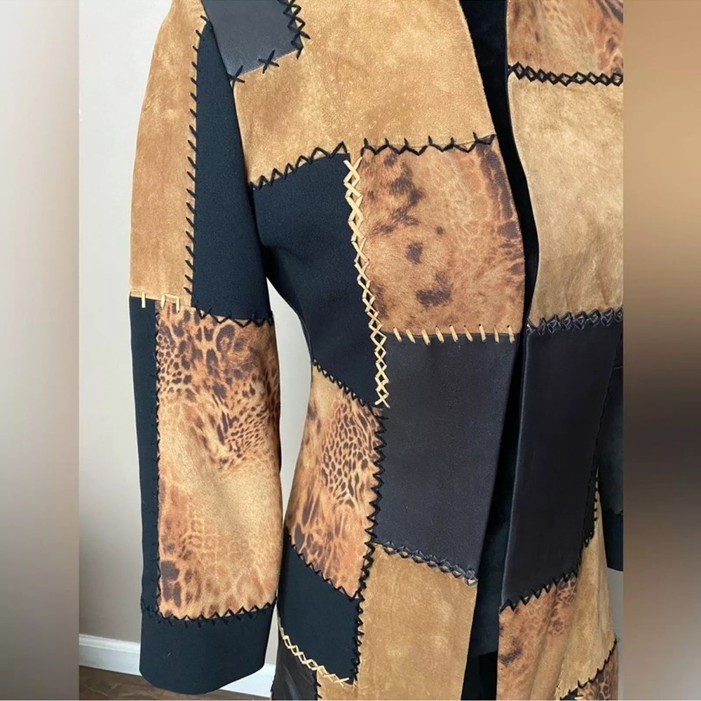 Suede Leather Patchwork Duster Jacket Coat - Picture 6 of 16